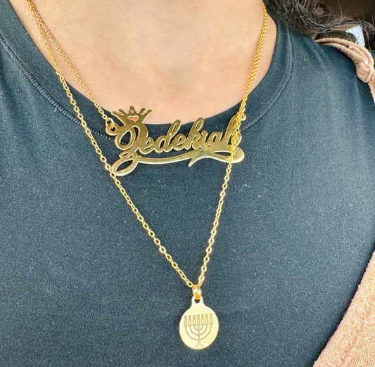 Dainty Raw Brass Menorah Necklace